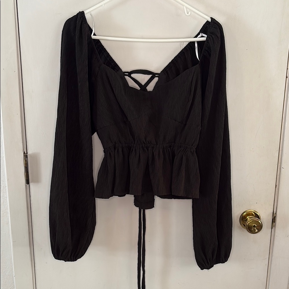 Lulus black ribbed textured long sleeve top with lace up corset back Size XL